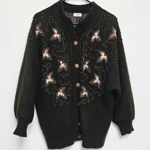 Vintage VIMI 100% Angora Wool Embroidered Dark Chocolate Sz L Lined  Cardigan